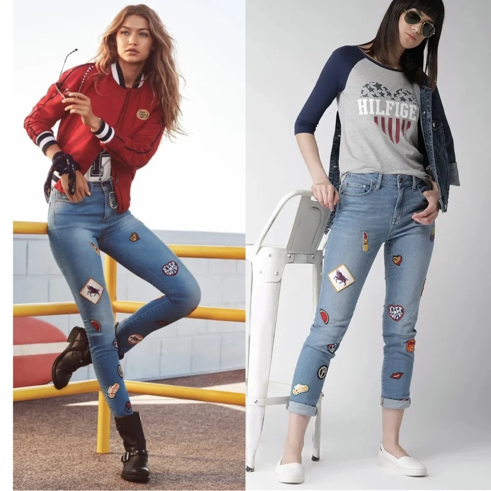 GIGI HADID X TOMMY HILFIGER High Rise Denim 60s Embroidered Patch Skinny Jean 26 - Picture 3 of 13